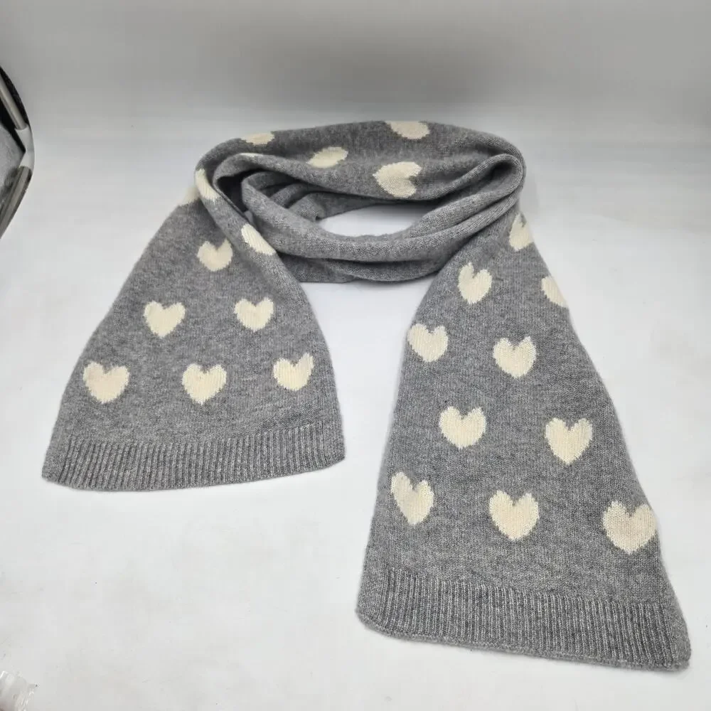Talbots 100% Cashmere Ladies Scarf Gray w/ Cream Hearts 10”x80” Love Preppy